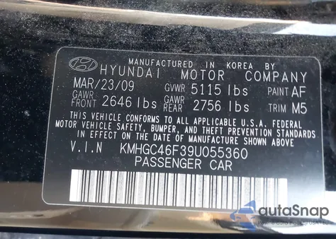 2009 Hyundai Genesis 4.6 z USA, uszkodzony, nr VIN KMHGC46F39U055360